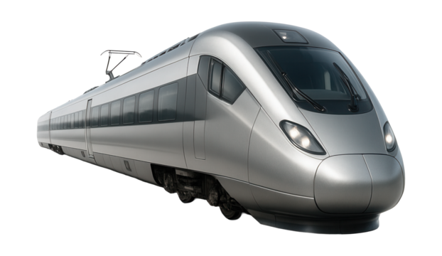 Streamlined electric train with angled front, expansive windows, and side headlights.