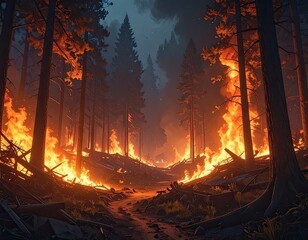 Devastating Forest Fire: Dramatic Scene of Flames Consuming Trees and Landscape - Intense Heat and Destruction