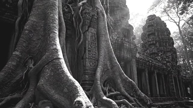 Cinematic slow pan of massive tree roots engulfing an ancient stone temple in dramatic black and white