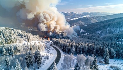 Devastating Winter Wildfire: Smoke and Flames Engulf Snowy Forest Landscape - Environmental Disaster Scene
