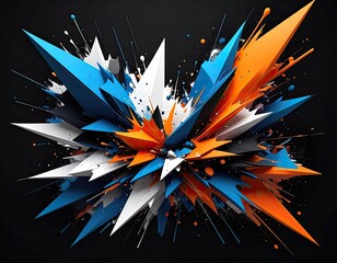Dynamic Abstract Explosion: Blue and Orange Geometric Shapes on Black Background - Modern Digital Art