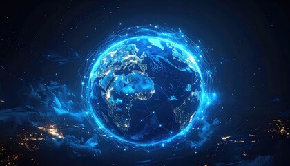 Digital Earth: Glowing Globe Network - Futuristic Technology Concept with Blue Energy Flow and Global Connections