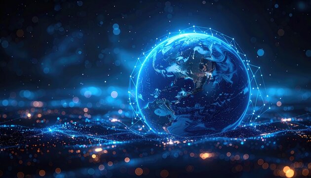 Digital Earth: Global Network Connection Concept - Futuristic Blue Planet Surrounded by Data Streams and Technology