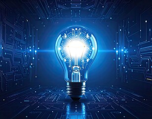 Digital Innovation: Glowing Light Bulb with Circuit Board Background - Concept for Ideas, Technology, and Future Solutions