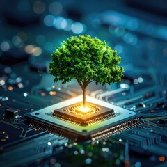 Digital Nature: Lush Tree Growing on a Computer Chip - Symbolizing Green Tech, Sustainable Innovation, and the Future of Technology