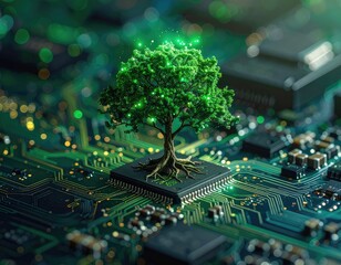 Digital Tree of Life: Green Foliage Growing from Circuit Board - Technology, Nature, and Sustainable Future Concept