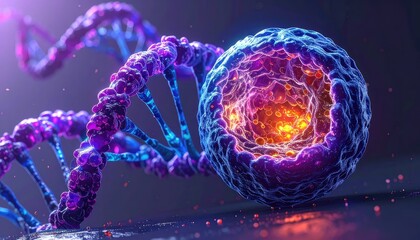 DNA Structure & Cellular Biology: Vibrant 3D Render of Genetic Code & Cell Interior - Science, Research, and Innovation