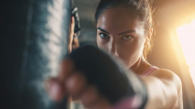 Woman Practicing Boxing Techniques With Punching Bag for Core Strength and Fat Burning in an Energetic Training Session