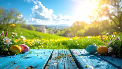 Easter Eggs on Rustic Blue Wood Table with Spring Flowers & Sunny Meadow Background - Holiday Celebration Scene