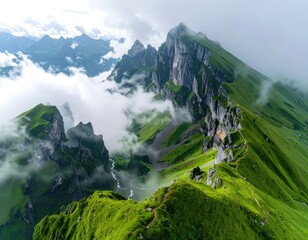Dramatic Alpine Landscape: Majestic Mountains Piercing Clouds in Lush Green Valley - Scenic European Wilderness
