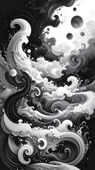 Dramatic Black and White Ocean Waves with Celestial Elements - Artistic Interpretation of Sea and Sky