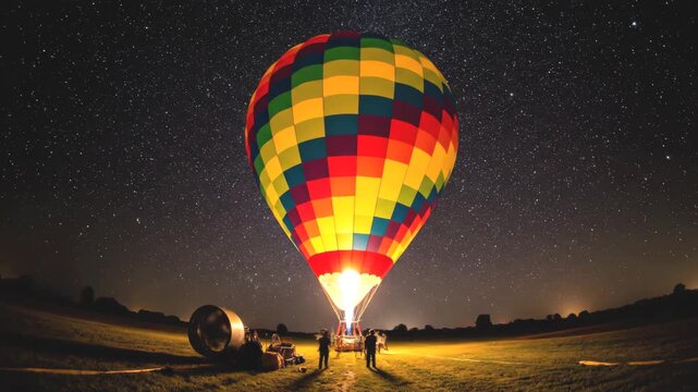 Wide angle timelapse of a vibrant hot air balloon inflating and glowing brightly under a starry night sky