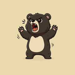 Cute cartoon bear cub standing on two legs and roaring angrily with raised paws. Expressive animal illustration perfect for kids books, stickers, character design, emotions, and educational materials.