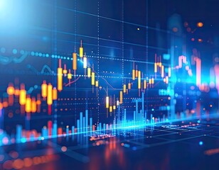 Financial Data Visualization: Abstract Stock Market Chart with Glowing Lines and Bars - Investment & Technology Concept