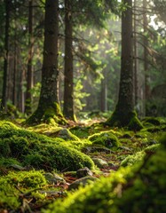 Obraz premium Enchanting Forest Floor: Sunlight Streams Through Lush Green Trees & Vibrant Moss, Creating a Magical Woodland Scene