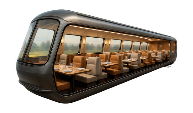 Dining car featuring expansive windows and a central aisle.