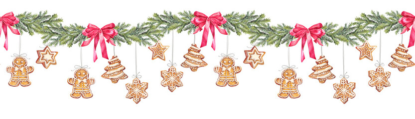 Watercolor seamless border with Christmas tree branch and gingerbread and berry and red bow on white background. Forest for card. Hand-drawn rim for New Year celebration wallpaper or wrapping © NatashaKun