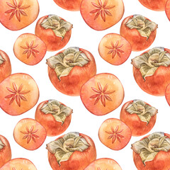 Watercolor seamless pattern with slice of persimmon on white background. Summer and autumn sweet food. Fruit for dessert. Cookbook and card menu. Hand-drawn element for recipe, wallpaper or wrapping
