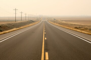 Empty four-lane highway stretching into a hazy orange horizon, evoking suspenseful crime scene atmosphere