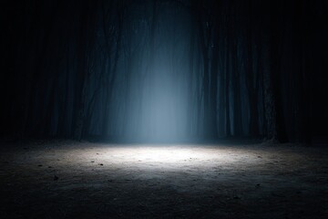 Dark forest illuminated by a bright spotlight creating an eerie crime scene atmosphere