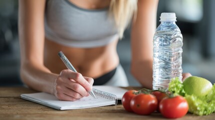 Woman Tracks Calories in Fitness Food Journal While Focusing on Healthy Eating for Belly Reduction