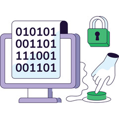 Digital Security Concept Abstract Illustration of Binary Code on Computer Screen Connected to a Padlock and a Finger Pressing a Button Representing Data Protection and Cybersecurity