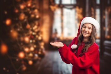 Beautiful santa girl in christmas hat on background