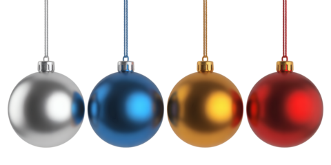 Four festive Christmas ornaments in silver, blue, gold, and red hang suspended, ready for holiday decorating