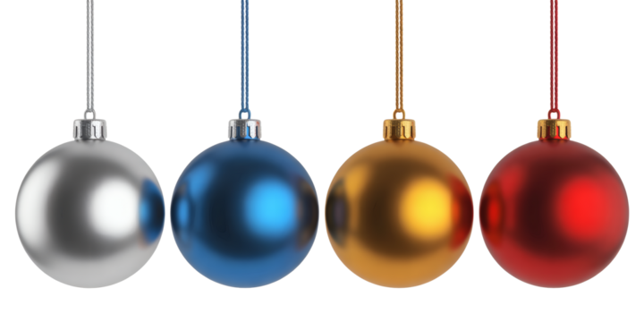 Four festive Christmas ornaments in silver, blue, gold, and red hang suspended, ready for holiday decorating