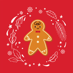 Christmas greeting card with Gingerbread. Vector holiday illustration with homemade baked goods. Seasonal flavored products, cards for New Year or winter holidays.