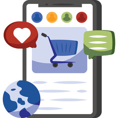 Digital shopping cart icon on a smartphone screen with social media notifications and a globe symbol representing e-commerce and online transactions on a transparent background