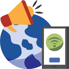 Illustration of a Megaphone atop a Blue and Purple Earth Globe Next to a Smartphone Displaying a Green Wi-Fi Symbol Over a Transparent Background
