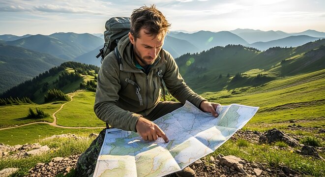 Man hiker with backpack studying a map in the mountains.