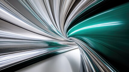 An abstract, swirling tunnel effect with streaks of light in teal and silver, conveying a sense of speed and motion.