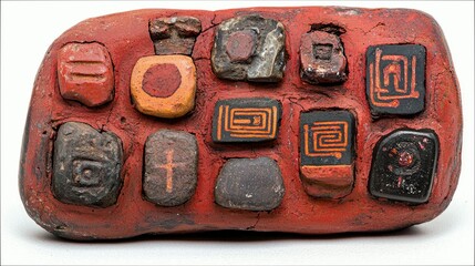 A close-up view of an ancient artifact, likely a game board or counting device, made of red clay with various carved symbols and geometric patterns embedded in