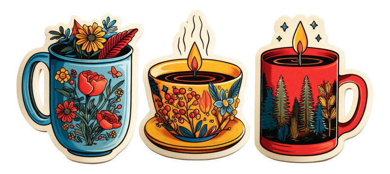 Decorative warm mugs with floral designs and candle themes on a transparent background
