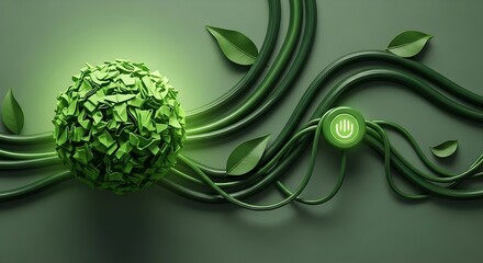 Vibrant green energy concept promotes sustainable solutions with glowing leaves and modern power button, perfect for environmental campaigns and innovation