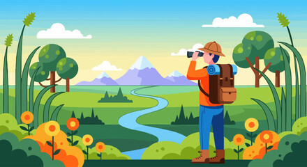 Naklejka premium Adventurous hiker exploring nature with binoculars and backpack on a sunny day.