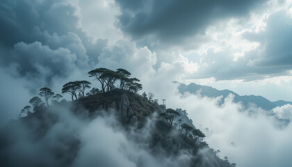 Mysterious cloudy landscape with pine trees on mountain summit nature photography serene environment dramatic viewpoint