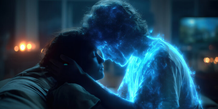 Young woman tenderly embraces glowing starry holographic man on couch by warm light. Emotional human-AI connection, deep emotional bond, futuristic romance, intimate digital companionship. - Powered by Adobe