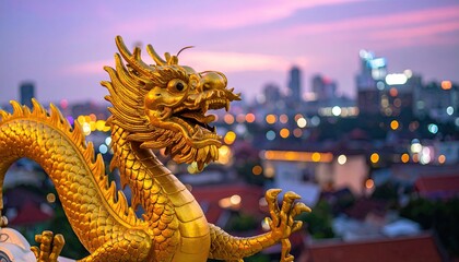 Fototapeta premium Golden Dragon Statue Overlooking City Skyline at Dusk - Asian Culture, Symbolism, and Architectural Beauty