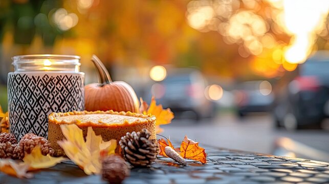 A close-up of a pumpkin pie, a small pumpkin, a lit candle in a decorative holder, pinecones, and colorful autumn leaves arranged on a textured surface. The bac - Powered by Adobe