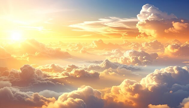 Golden Hour Above the Clouds: Breathtaking Sunrise Sky with Fluffy White Clouds - Scenic Nature Photography - Powered by Adobe