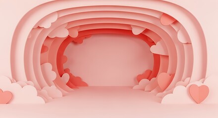 Romantic pink tunnel background with hearts and clouds for Valentine's Day social media campaigns, wedding invitations, and sweet celebration promotions