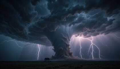 Fierce tornado storm with lightning rural landscape nature photography dramatic sky close-up view extreme weather concepts