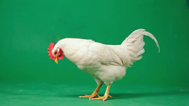 Side view of a white chicken standing on a green screen looking to the left in a studio setting chicken green screen video