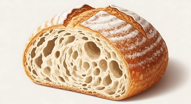 Detailed cross-section of a freshly baked artisan sourdough bread loaf showcasing a perfect open crumb and crispy, flour-dusted crust on a white background - Powered by Adobe