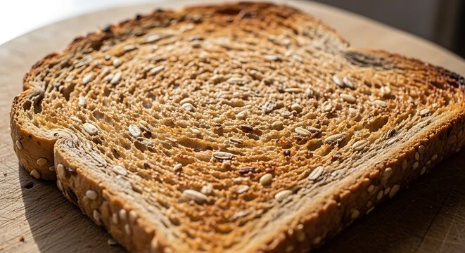 Close-up shot of a single slice of toasted bread with seeds, golden brown and appetizing, texture detail - Powered by Adobe