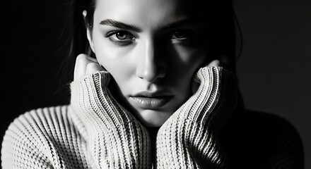 Striking monochrome portrait of a woman in cozy knitwear, perfect for fashion blogs, beauty campaigns, or introspective articles, showcasing subtle emotion