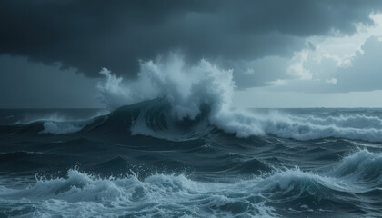 Powerful ocean waves crash dramatically coastal shoreline nature photography stormy atmosphere wide view water dynamics